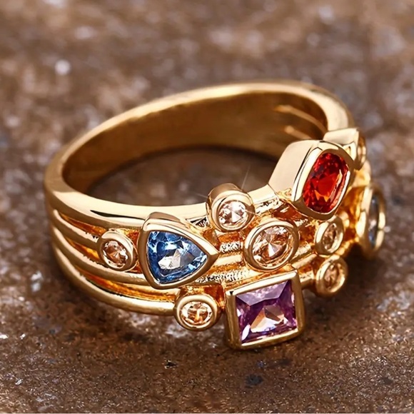 Vintage Luxury Geometric Rings with Multi-Colored Synthetic Gemstones - Picture 6 of 6